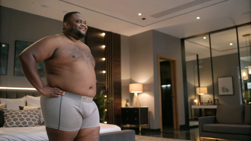 A plus-size man in custom-fit underwear standing confidently in a stylish bedroom.