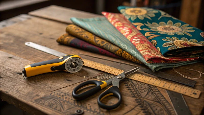 Close-up of cutting tools and colorful fabric on a workbench
