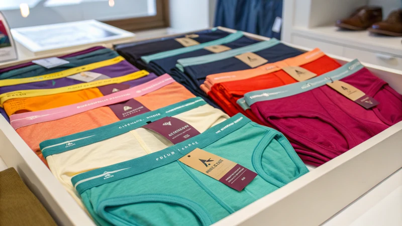 Display of colorful private label underwear in various fabrics