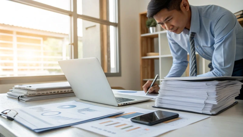 A focused individual working on a laptop in a professional office setting.
