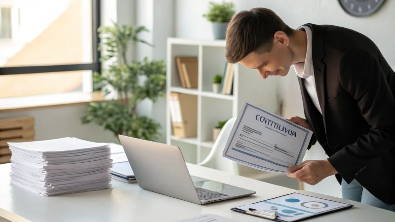 A focused individual examining certification documents in a professional office.