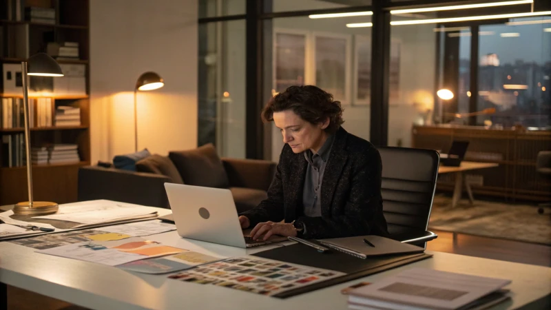 A person at a desk reviewing product samples