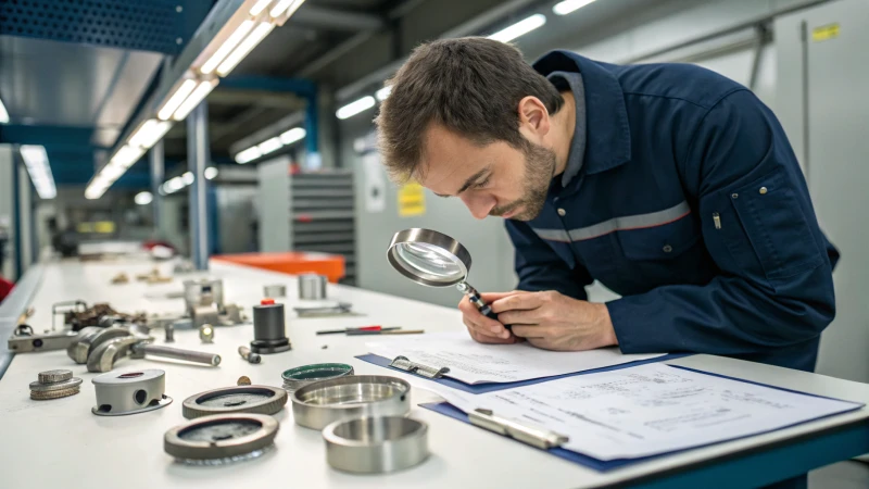 A technician examining metal parts with a magnifying glass in a workshop