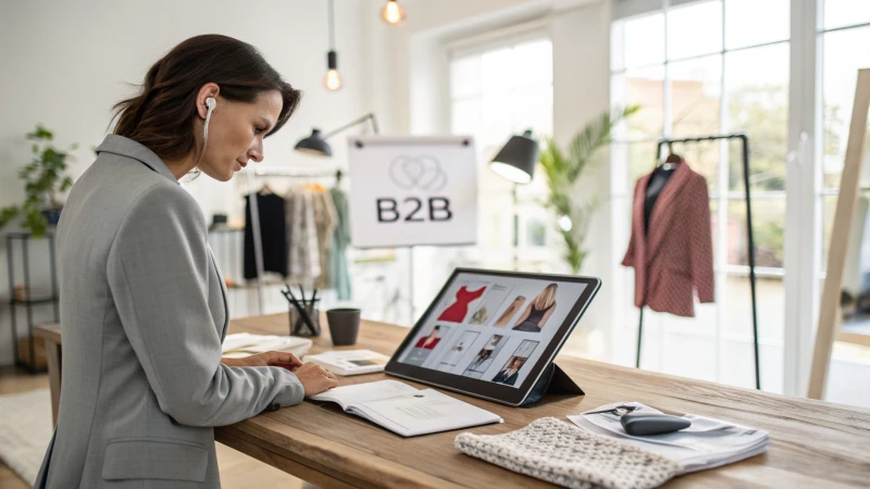 Businesswoman reviewing lingerie samples at a wooden desk