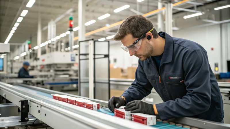Quality control inspector examining products on a conveyor belt