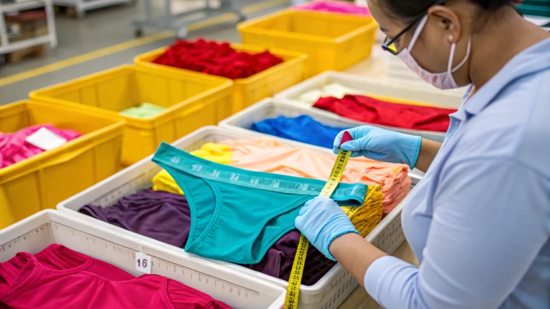 Quality control inspector examining underwear in a factory