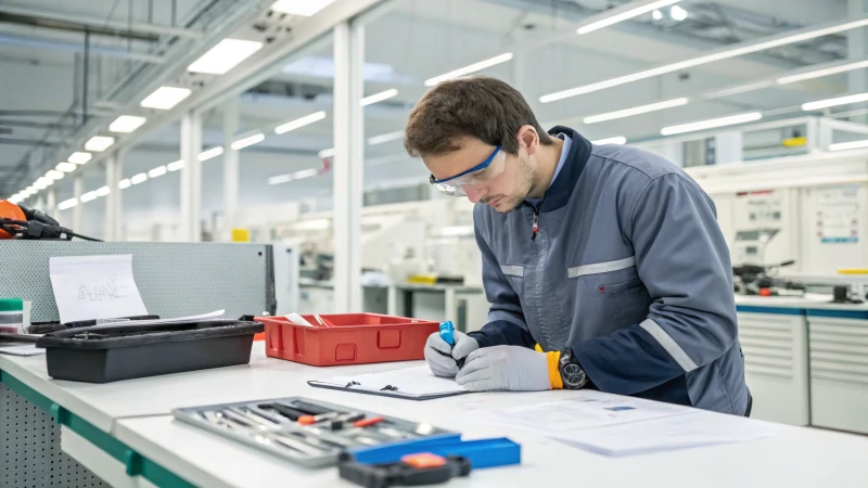 A quality control technician inspecting products on a workbench in a modern factory