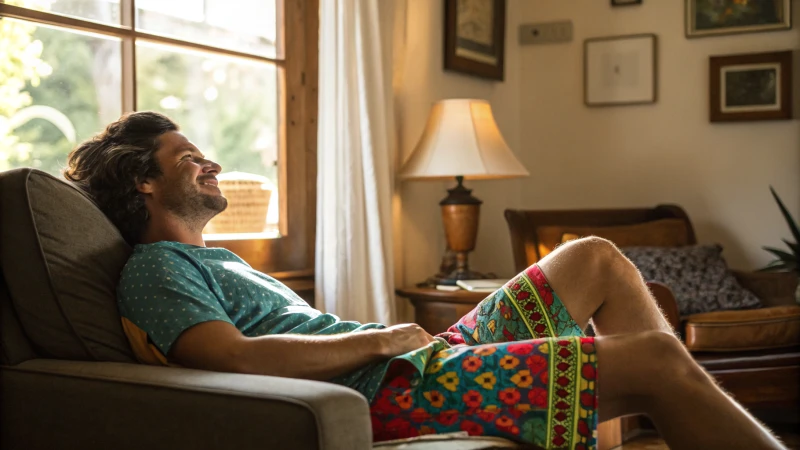 A relaxed man in colorful boxer shorts sitting in a cozy living room