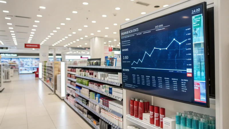 A retail store interior with a digital screen showing sales trends