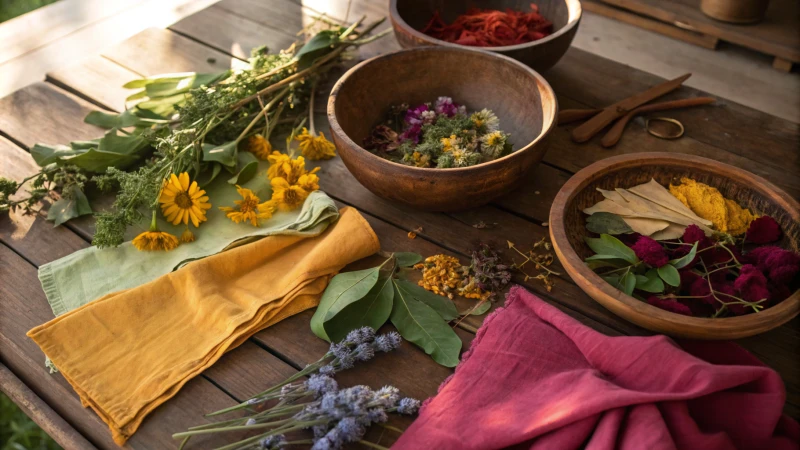 A rustic wooden table with natural dye materials including dried flowers and vibrant fabrics.