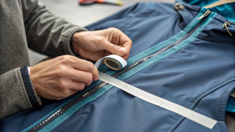 Close-up of seam-taping on a waterproof jacket