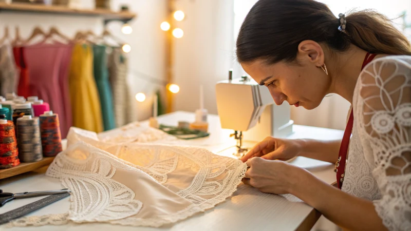 Close-up of a seamstress sewing intricate lace underwear