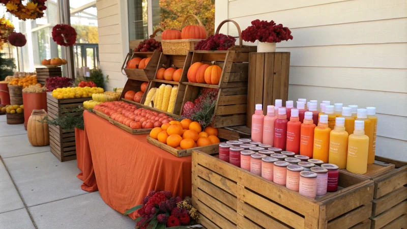 A seasonal marketing display showcasing products in warm autumn and bright spring colors.