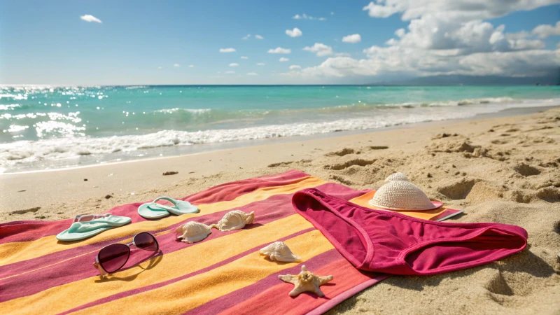 A beach towel with women's panties on sand by the ocean
