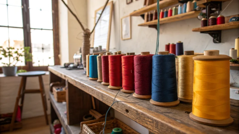 A vibrant display of sewing thread spools in a workshop