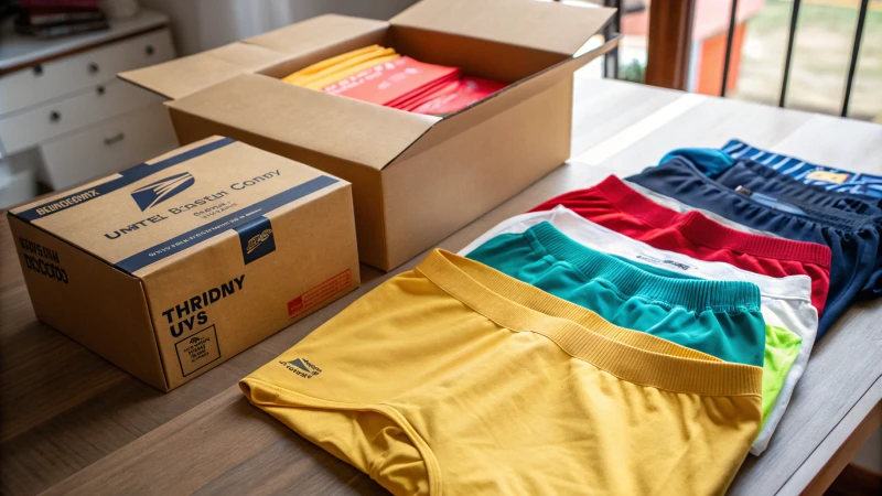 An organized display of shipping boxes and envelopes filled with colorful underwear on a wooden surface.