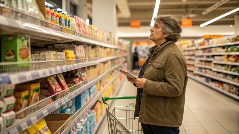 A concerned shopper examining price tags in a grocery store aisle.