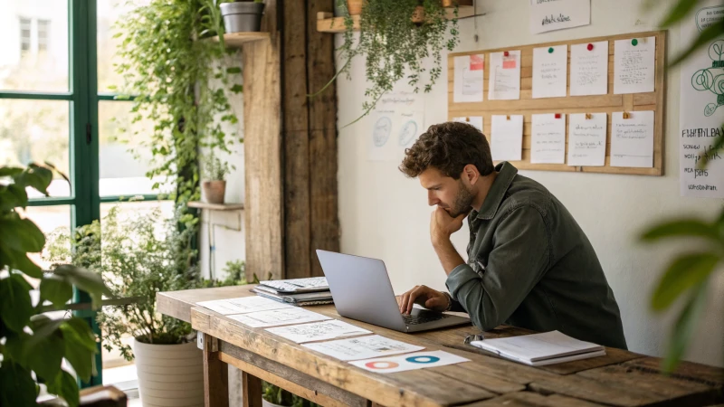 Small business owner analyzing market trends at a rustic desk