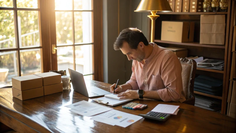Small business owner analyzing products at a wooden desk