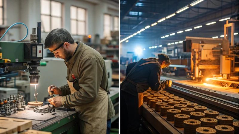 A split-image showing a small artisan workshop on the left and a large factory assembly line on the right