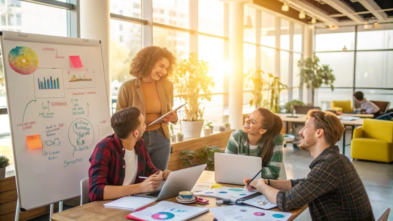 A vibrant startup office with diverse professionals brainstorming.