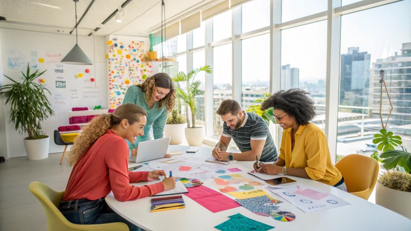 Diverse group brainstorming in a modern startup office
