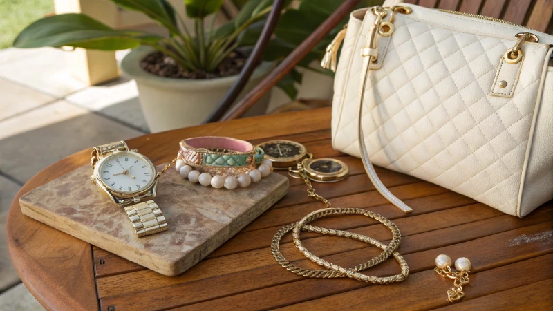 A display of elegant accessories on a wooden table