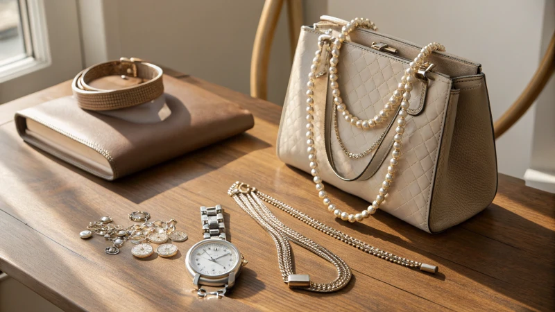 A stylish handbag, modern wristwatch, and layered necklaces on a wooden table