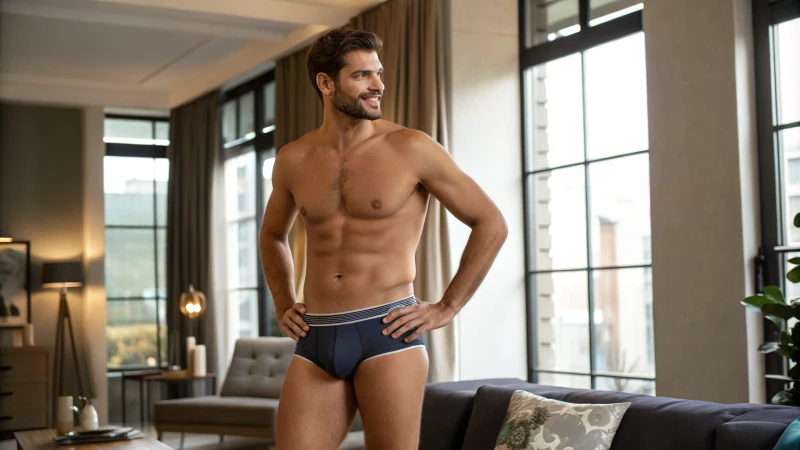 A stylish man in bikini underwear poses in a modern living room.