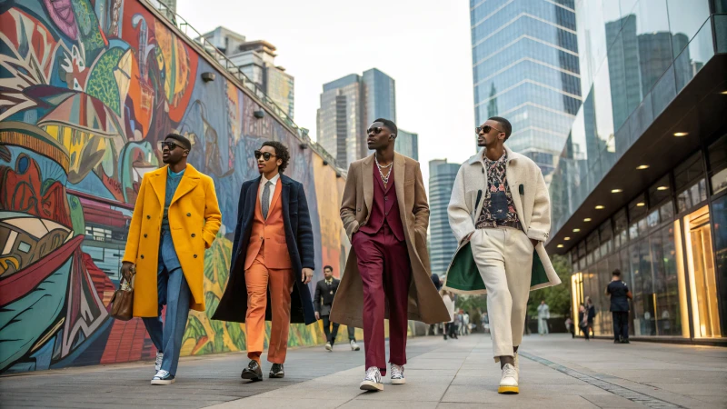 Group of stylish men in a vibrant urban setting