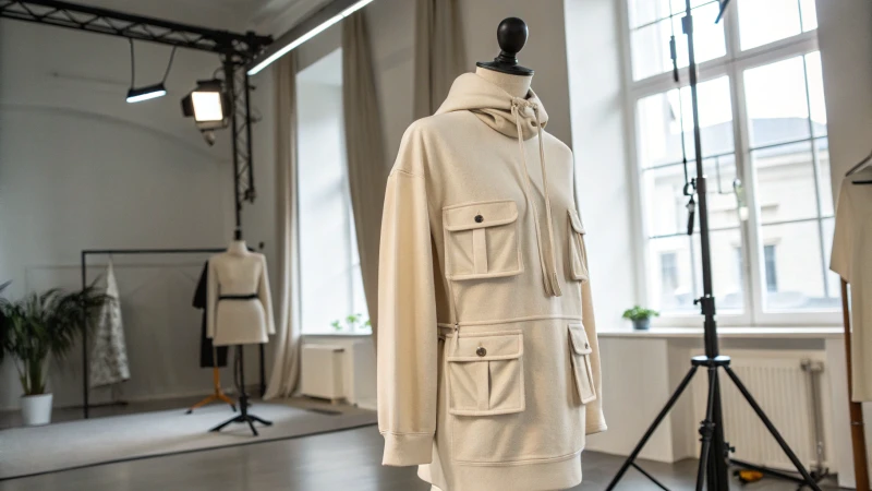 A stylish minimalist outfit on a mannequin with micro-pockets