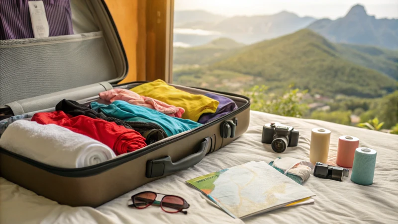 An open suitcase on a bed filled with colorful underwear and travel essentials