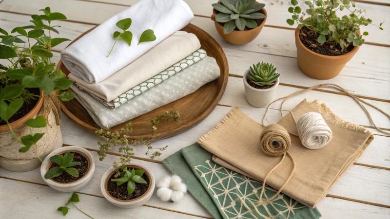 Flat lay of sustainable fabrics with plants