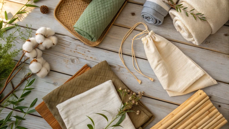 Overhead shot of sustainable fabrics on a wooden table