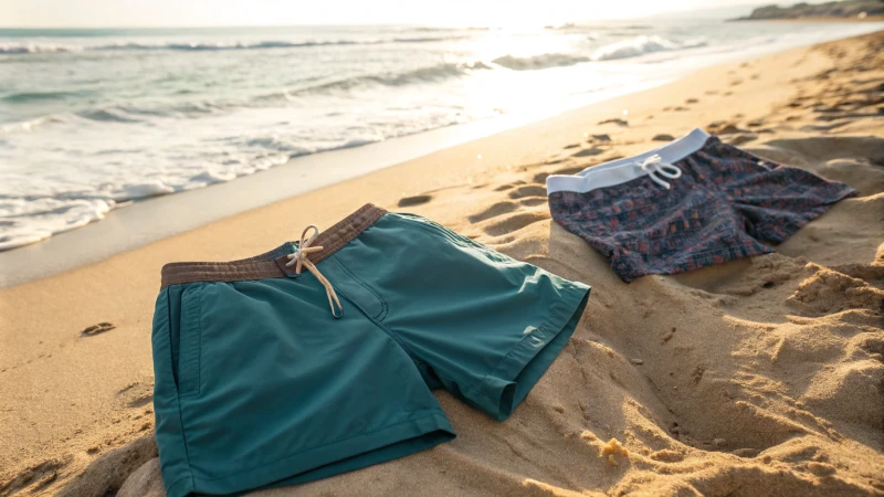 Two pairs of swim trunks on a beach