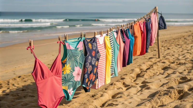 Vibrant display of swimwear on a sandy beach