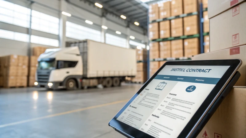Close-up of a tablet displaying a digital contract among shipping logistics elements.