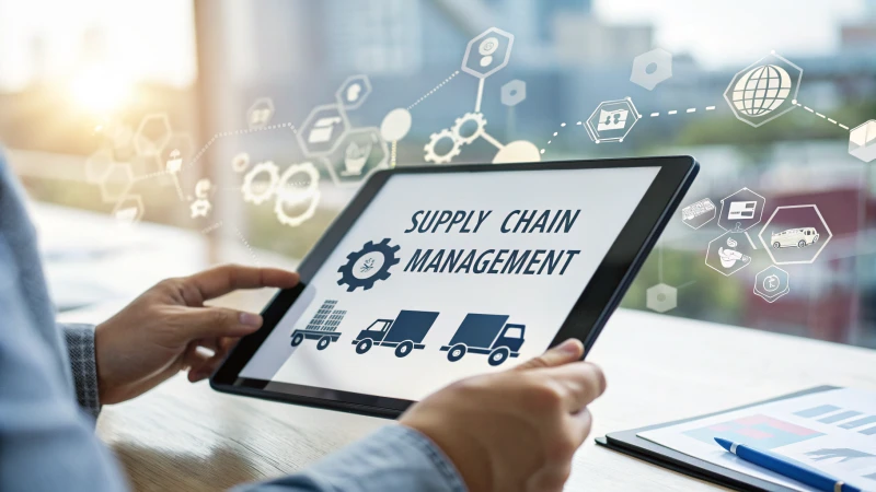 Close-up of a tablet displaying a digital contract interface with blurred supply chain icons in the background.