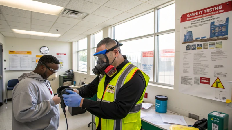 A safety professional conducting a fit test on a respirator in a bright testing room.