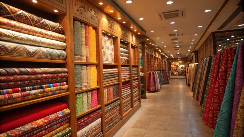Interior of a textile shop with colorful fabrics