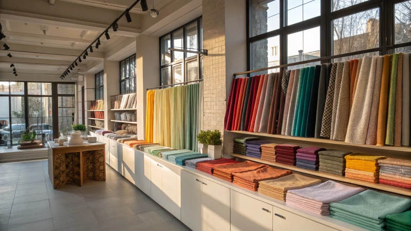 A textile shop interior filled with colorful fabrics