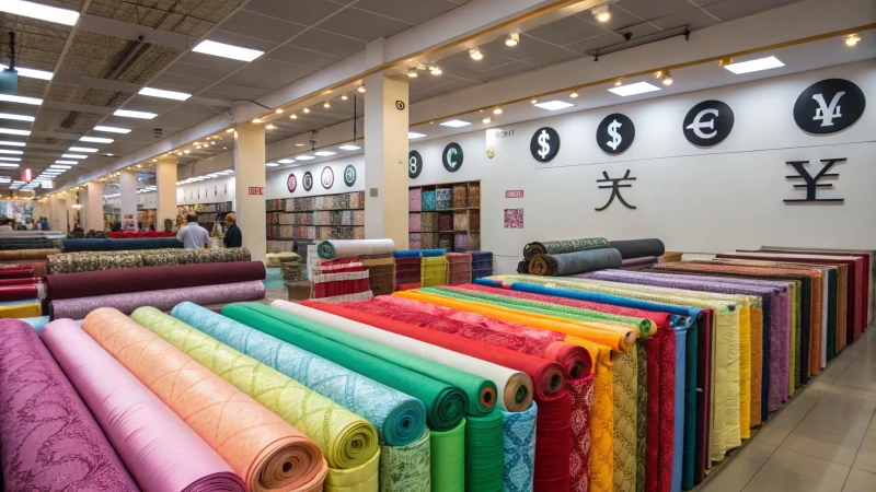A vibrant textile shop filled with colorful fabric rolls.