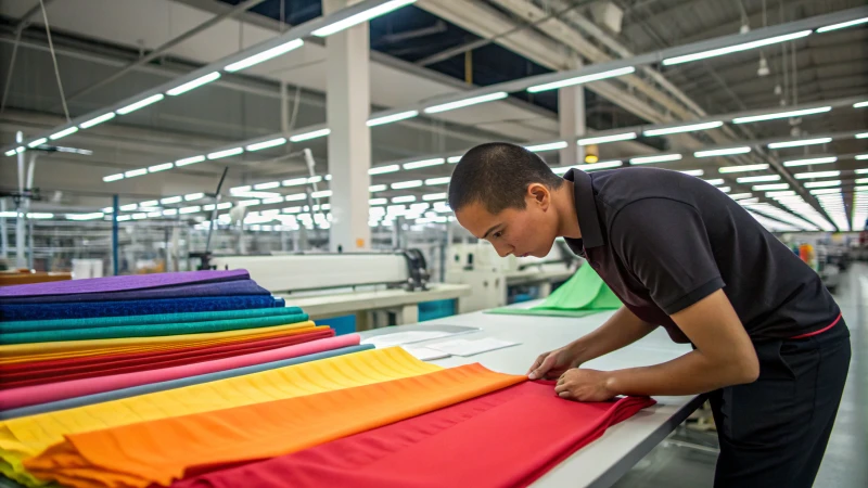 Textile worker examining colorful fabric samples