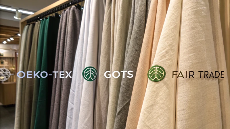 A soft fabric background featuring certification logos for OEKO-TEX, GOTS, and Fair Trade