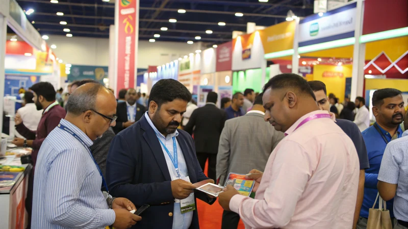 A bustling trade show with diverse attendees engaging and networking at booths.