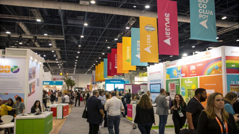 A busy trade show with diverse attendees