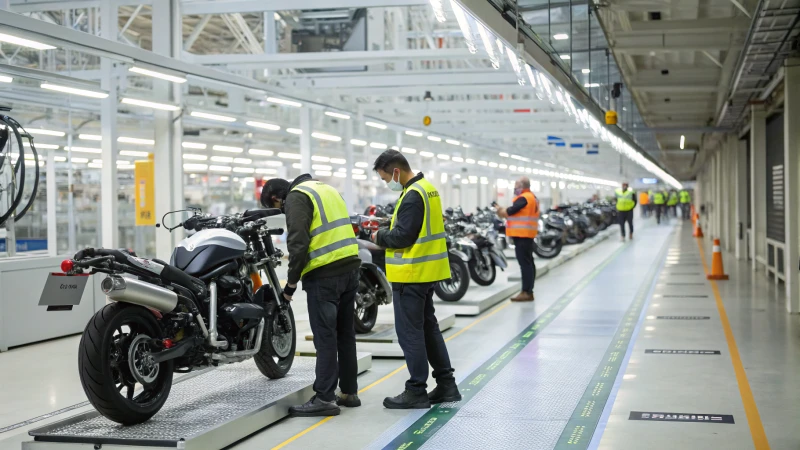 Workers performing quality control in a Triumph motorcycle production facility