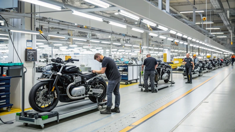 Workers assembling Triumph motorcycles in a manufacturing facility