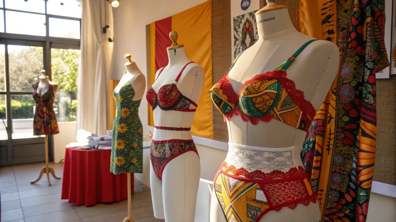 A vibrant display of diverse underwear designs on mannequins