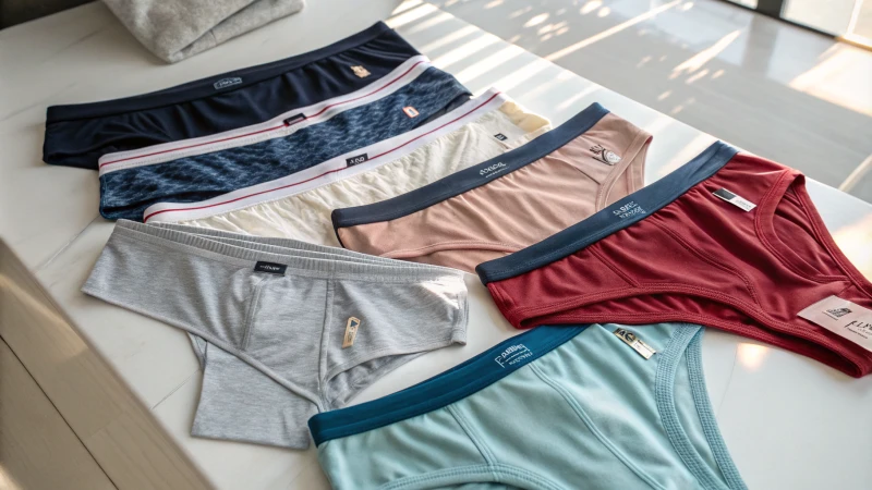 Flat lay of various styles of underwear on a white surface